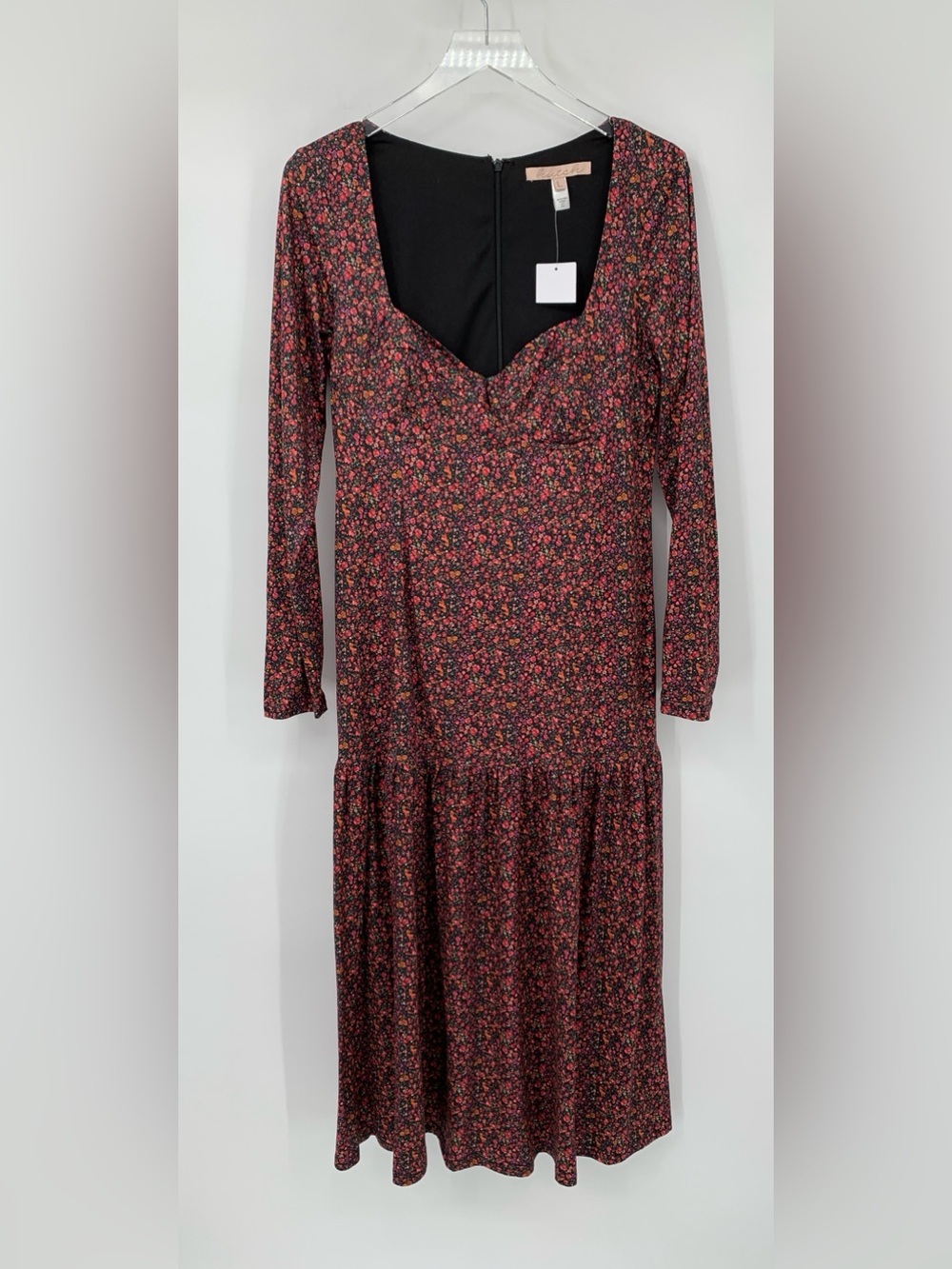 Hutch Chase midi dress ditsy floral print knit sweetheart tiered black red new L